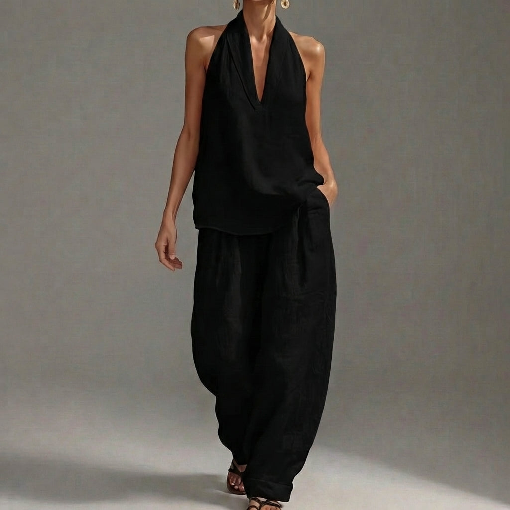 Lightweight Two-Piece Halter V-Neck Suit with Wide-Leg Trousers