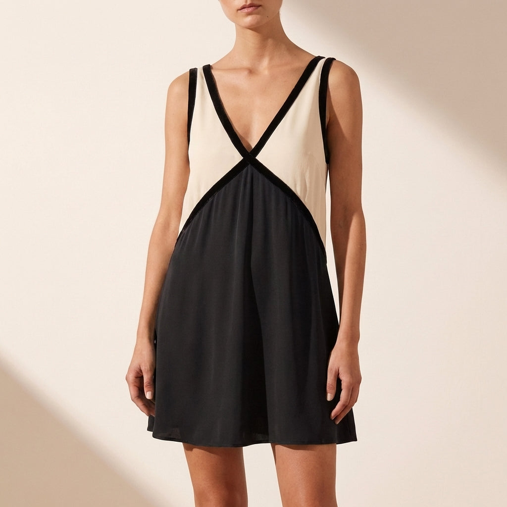 Sabrina Sleeveless A-Line Mini Dress with Geometric Chevron Detail