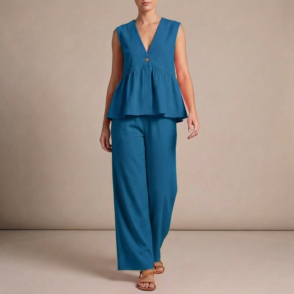 Lightweight Textured Two-Piece Set with Peplum Top and Wide-Leg Pants