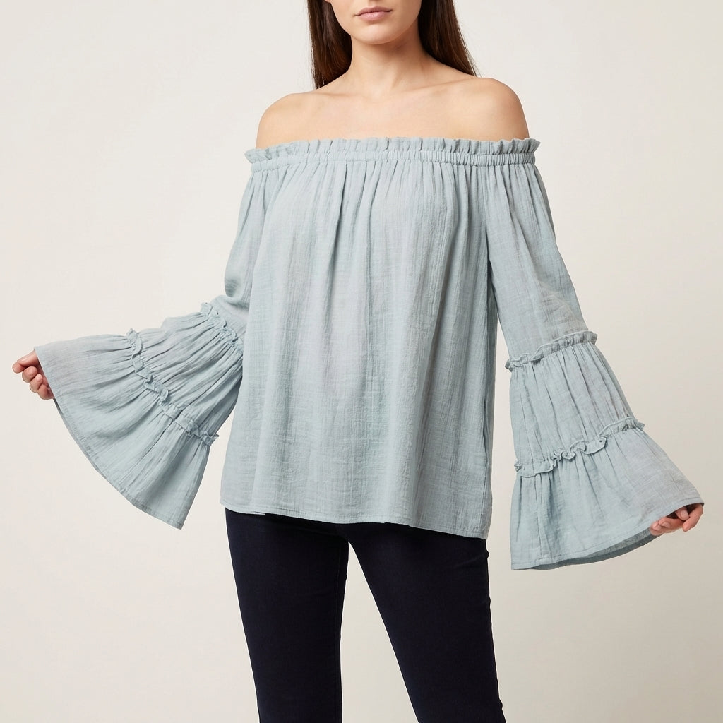 Bohemian Off-the-Shoulder Blouse with Tiered Bell Sleeves