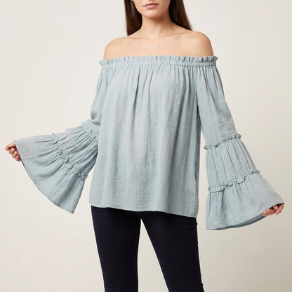 Bohemian Off-the-Shoulder Blouse with Tiered Bell Sleeves