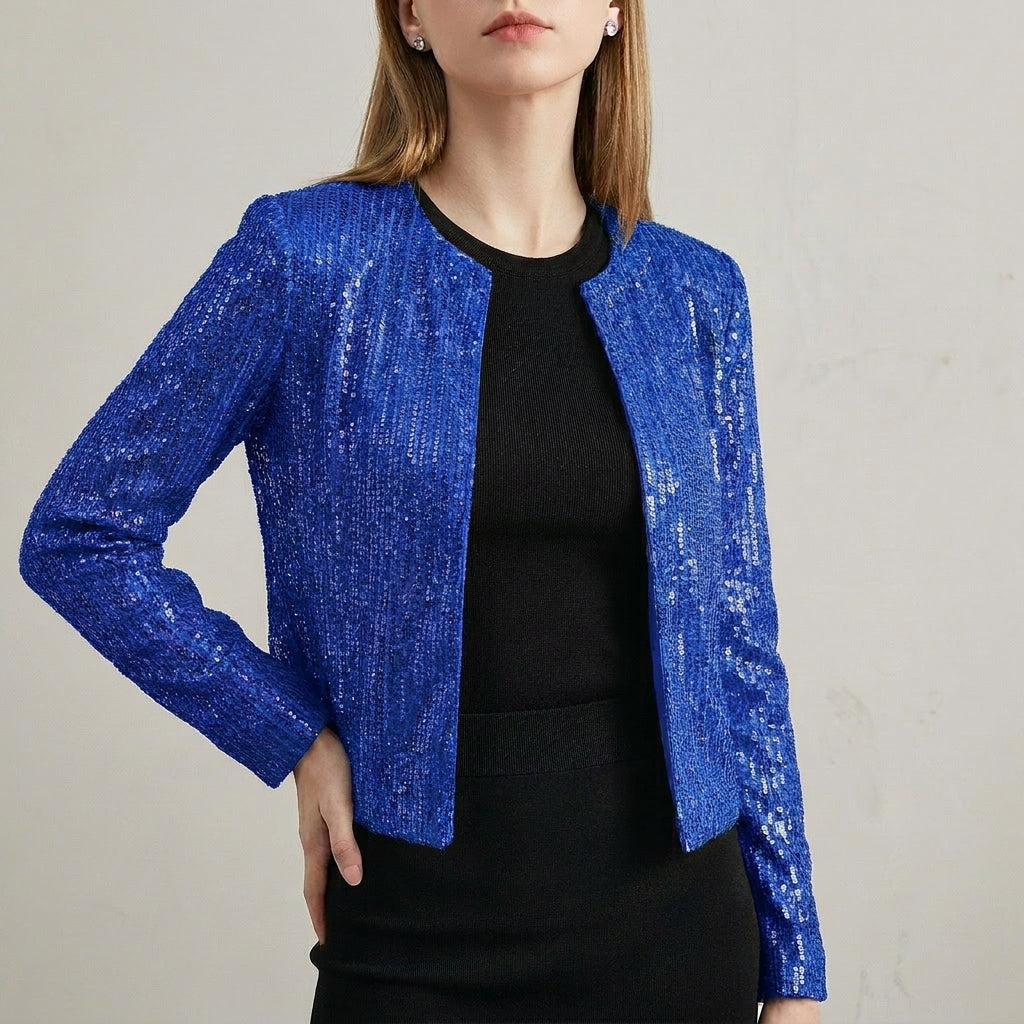 Tailored Cropped Sequined Cardigan Jacket with Structured Silhouette