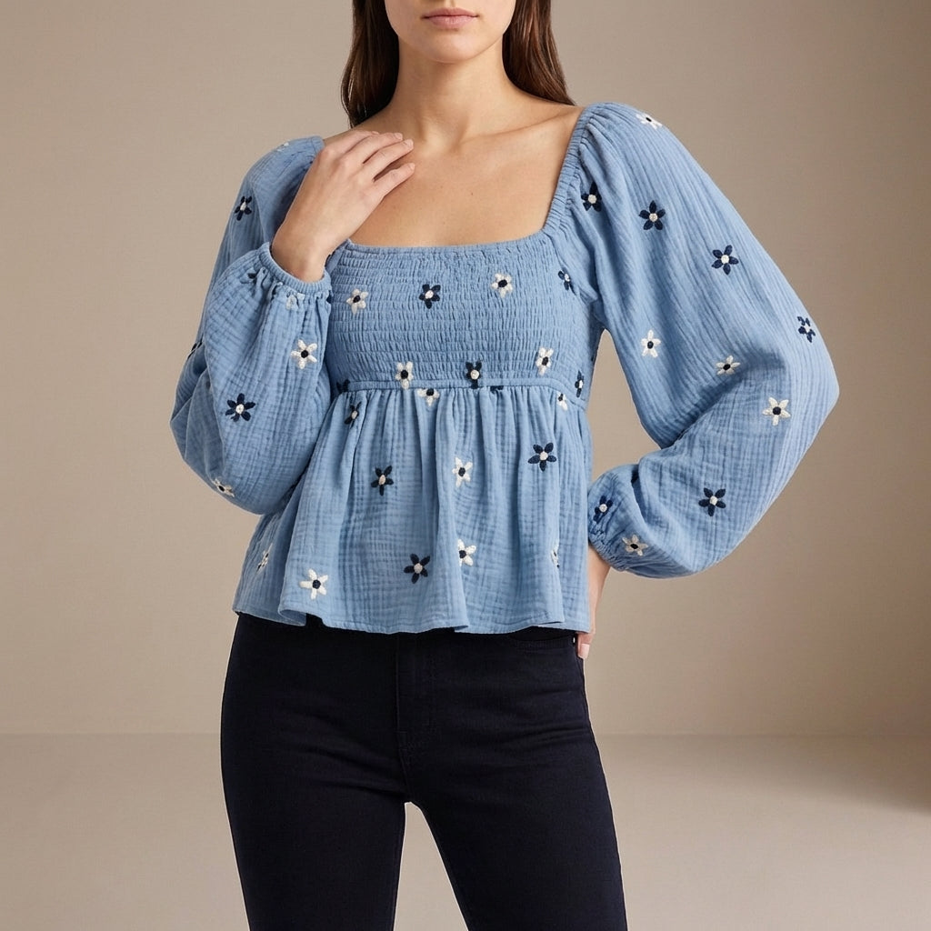 Bohemian-Inspired Peplum Top with Smocked Bodice and Embroidered Detail