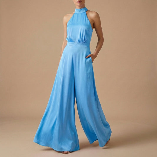 Halter Neck Wide-Leg Jumpsuit with Tie-Back Detail