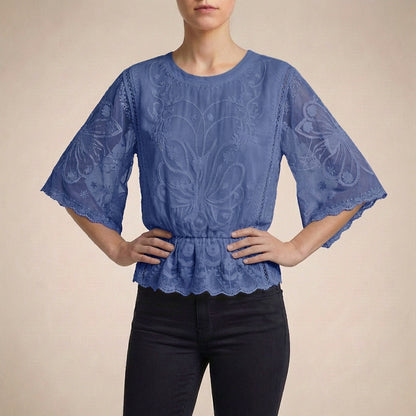 Boho-Chic Embroidered Sheer Mesh Blouse with Flared Sleeves