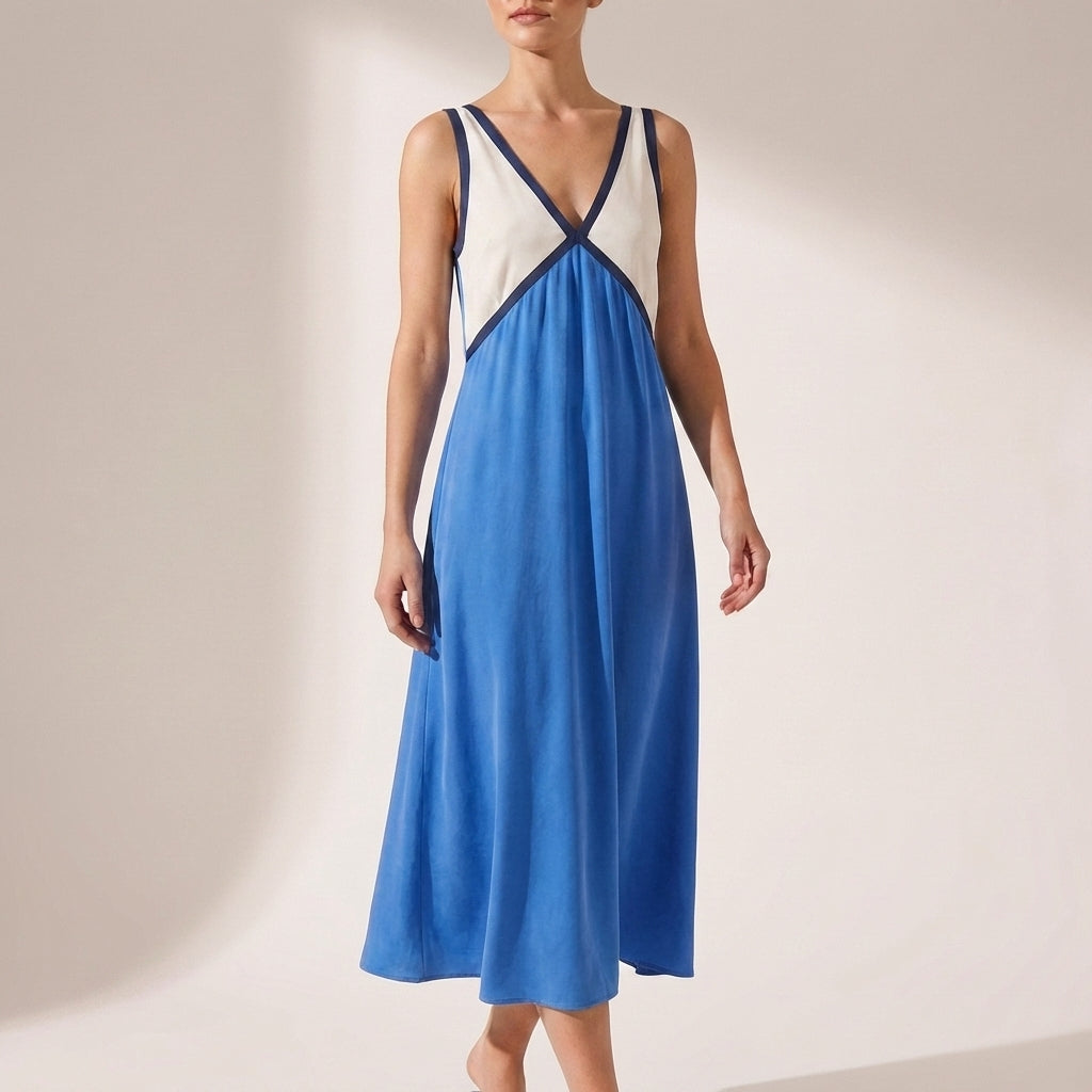 Elevated Color-Blocked Maxi Dress with Deep V-Neck and Draped Silhouette