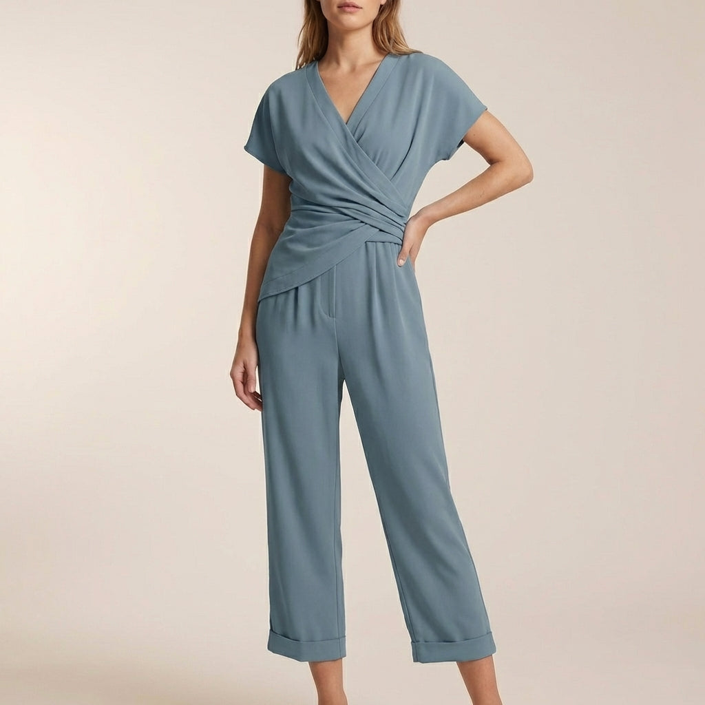 Amelia Draped Wrap V-Neck Cropped Wide-Leg Relaxed Jumpsuit