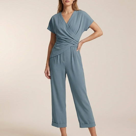 Amelia Draped Wrap V-Neck Cropped Wide-Leg Relaxed Jumpsuit