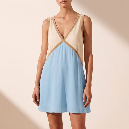 Sabrina Sleeveless A-Line Mini Dress with Geometric Chevron Detail