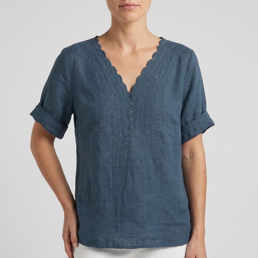 Chloe Relaxed V-Neck Blouse with Embroidered Yoke and Scalloped Detail