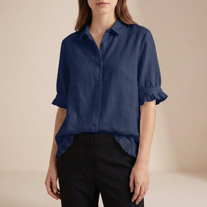 Relaxed Boxy Button-Front Blouse with Ruffled Cuffs and Hemline