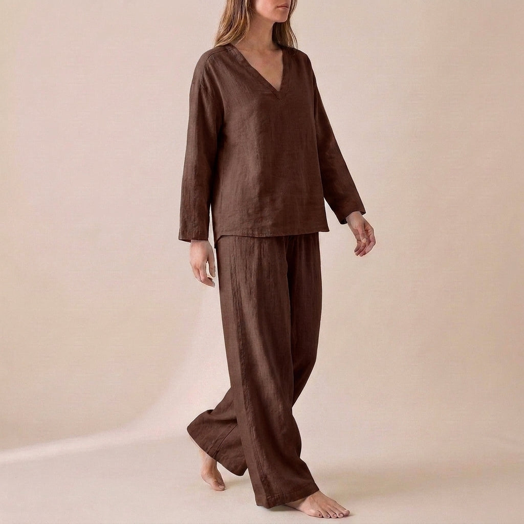 Relaxed V-Neck Pullover with Flowing Wide-Leg Pants Set