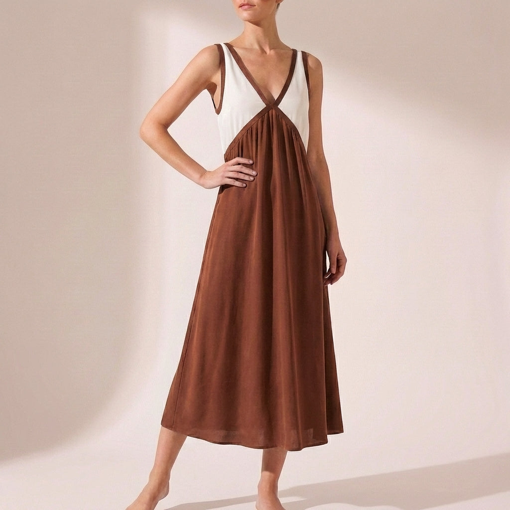 Elevated Color-Blocked Maxi Dress with Deep V-Neck and Draped Silhouette