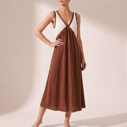 Elevated Color-Blocked Maxi Dress with Deep V-Neck and Draped Silhouette