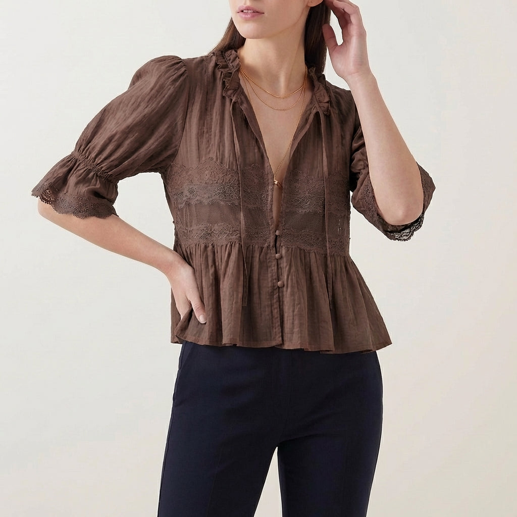 Flowing Bohemian Babydoll Blouse with Lace Insets and Ruffle Trim