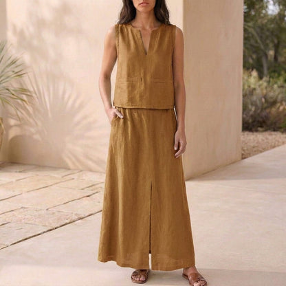 Relaxed Sleeveless Notched V-Neck Top with Flowing Maxi Skirt Set
