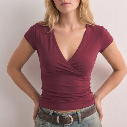 Tailored Surplice V-Neck Fitted Jersey Top for Daywear