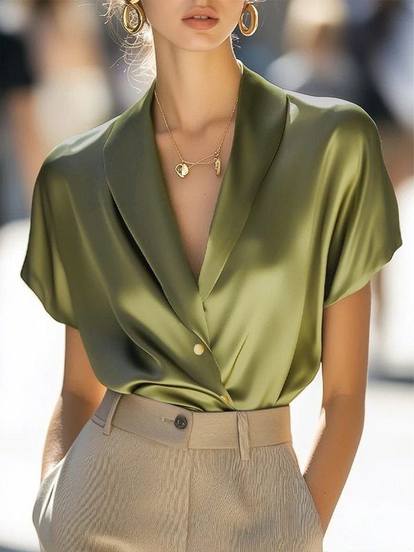 Luxurious Satin Wrap Front V-Neck Draped Blouse for Office Elegance