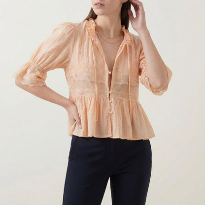 Flowing Bohemian Babydoll Blouse with Lace Insets and Ruffle Trim