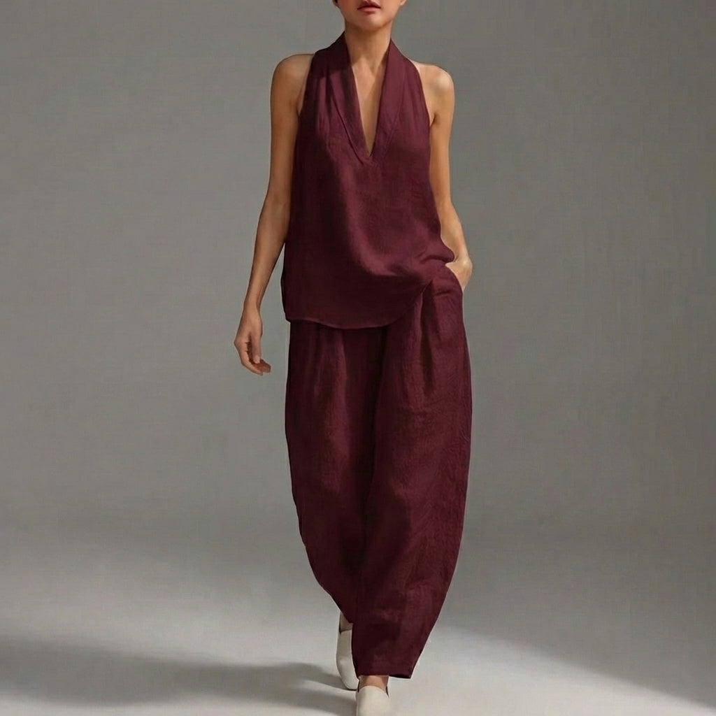 Lightweight Two-Piece Halter V-Neck Suit with Wide-Leg Trousers
