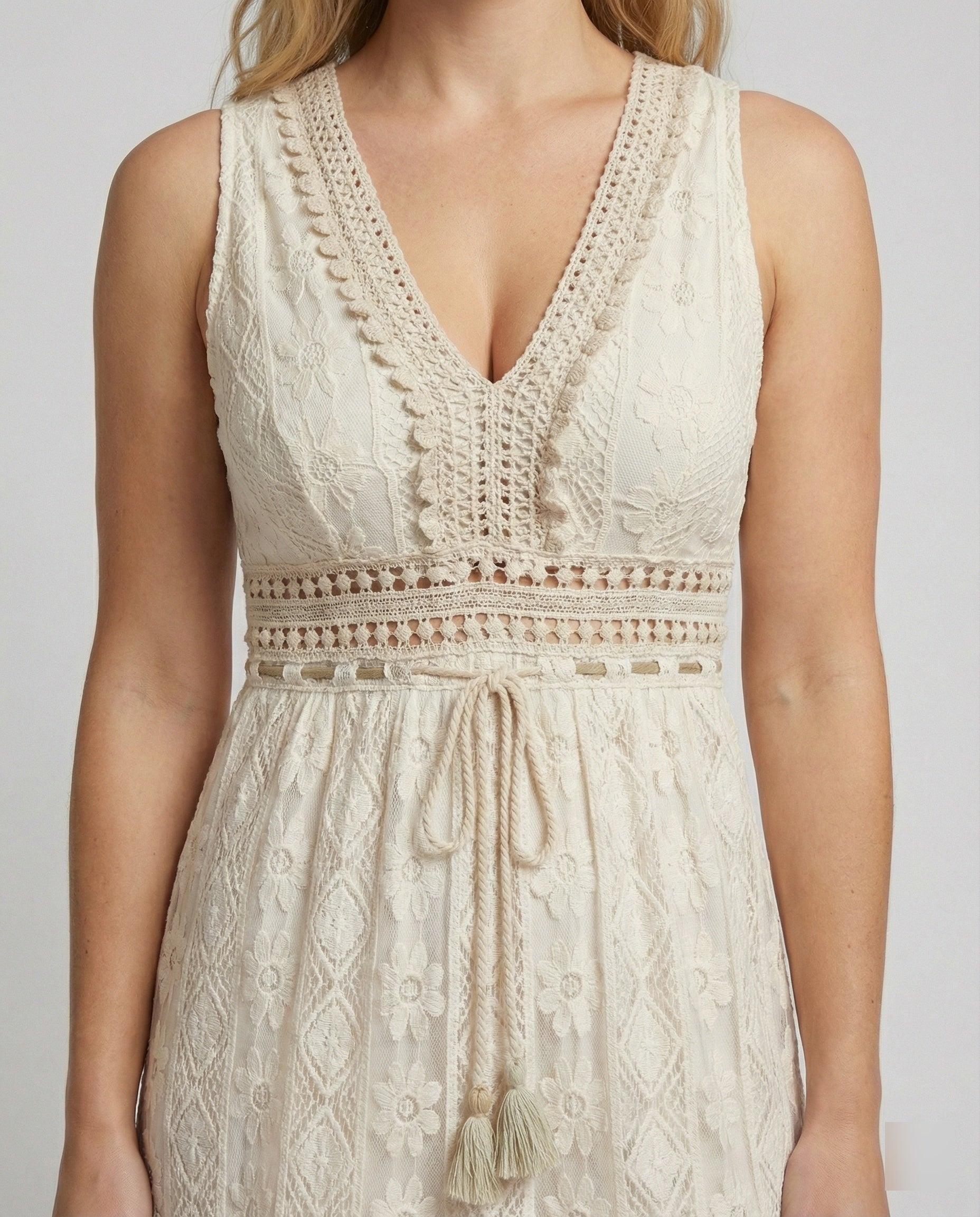 Bohemian Lace Maxi Dress with Tiered Skirt and Tassel Waist