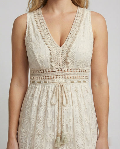 Bohemian Lace Maxi Dress with Tiered Skirt and Tassel Waist