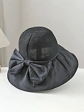 Foldable Wide Brim Sun Hat with Textured Crown and Elegant Bow Accent