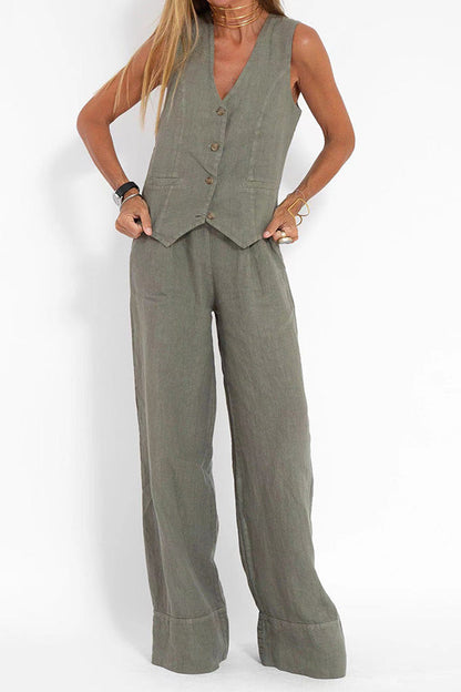 Tailored Linen-Texture Vest and Wide-Leg Trouser Co-ord Set