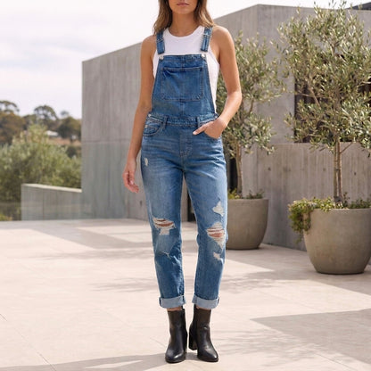 Slim Tapered Distressed Overalls with Adjustable Buckle Straps