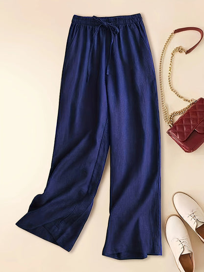 Lightweight Wide-Leg Linen Blend Drawstring Trousers