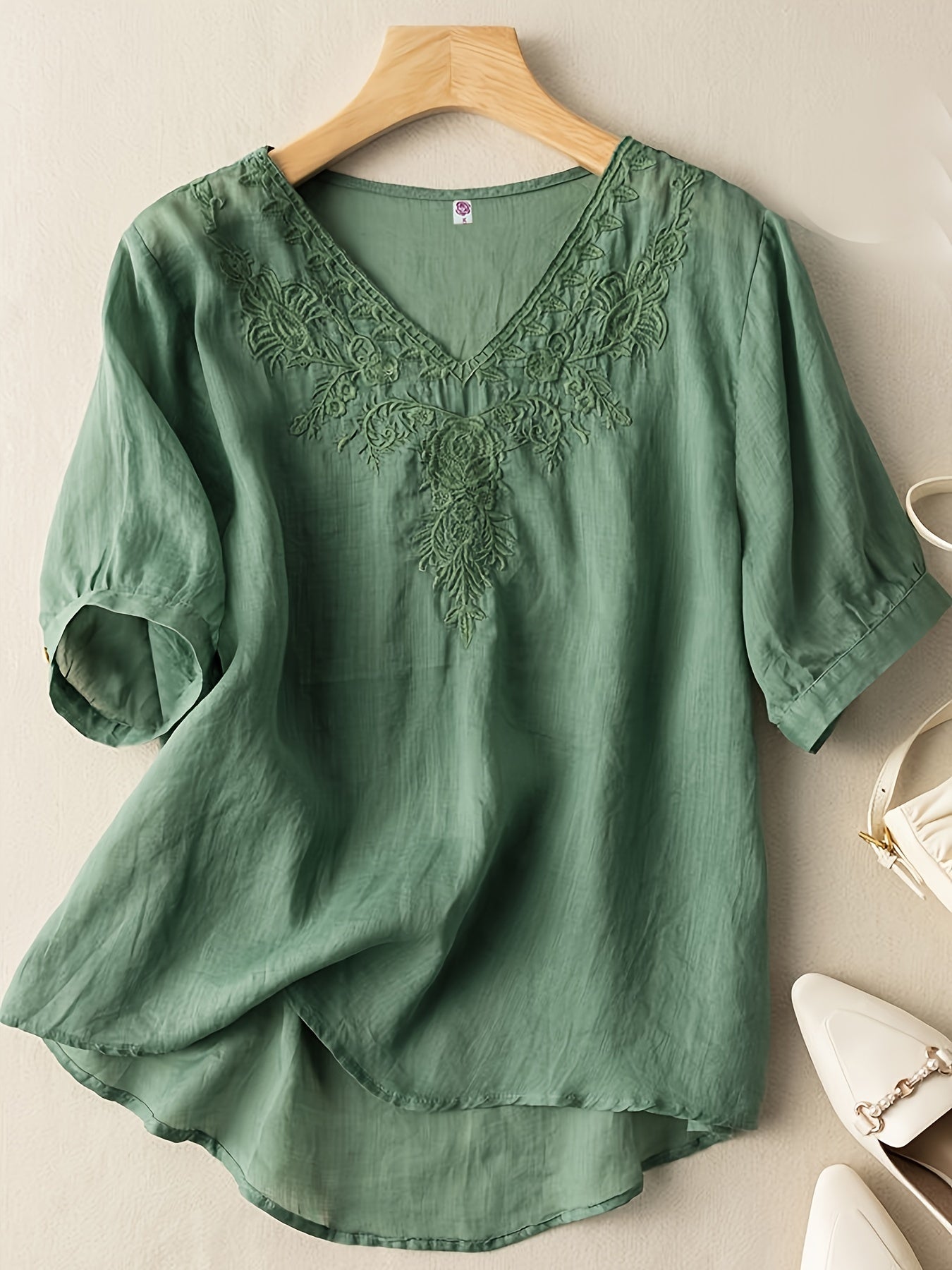 Embroidered V-Neck Relaxed Fit Tunic Blouse