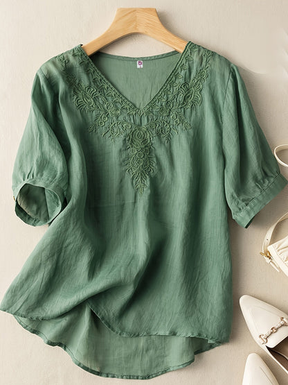Embroidered V-Neck Relaxed Fit Tunic Blouse