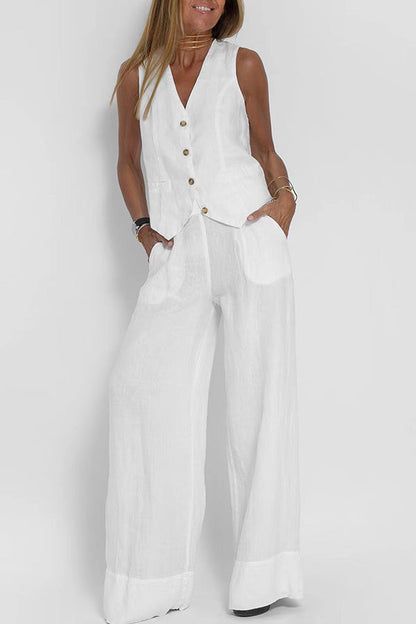 Tailored Linen-Texture Vest and Wide-Leg Trouser Co-ord Set