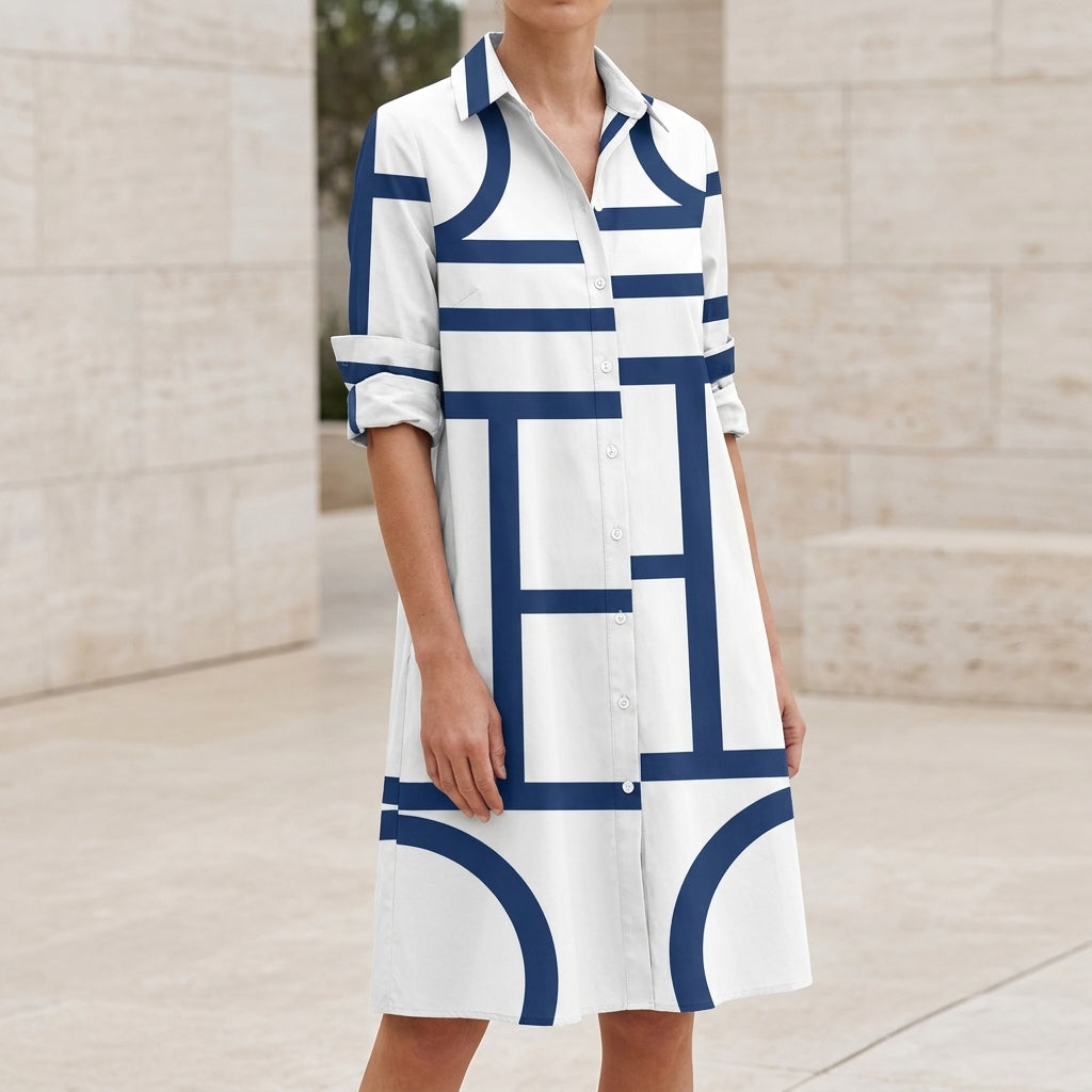 Relaxed Geometric Print Shirt Midi Dress with Pockets