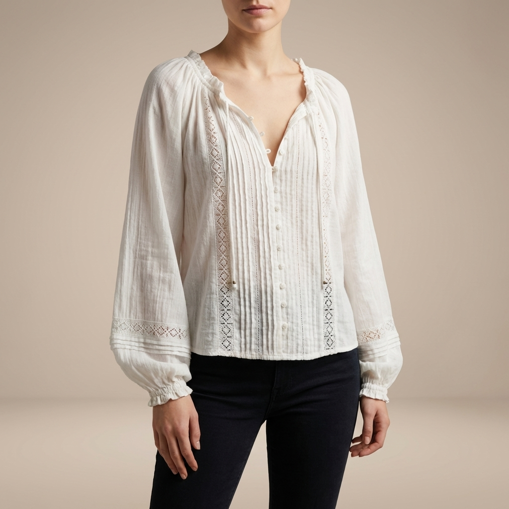 Bohemian-Inspired Pintuck and Lace Long Sleeve Blouse with Ruffled Neckline