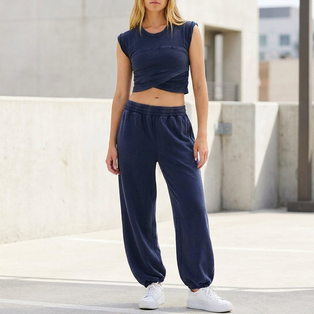Contemporary Two-Piece Wrap-Front Cropped Top and Relaxed Joggers Set