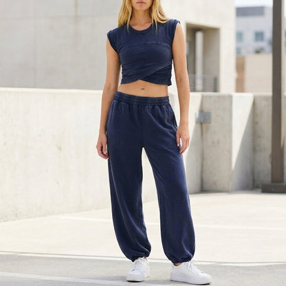 Contemporary Two-Piece Wrap-Front Cropped Top and Relaxed Joggers Set