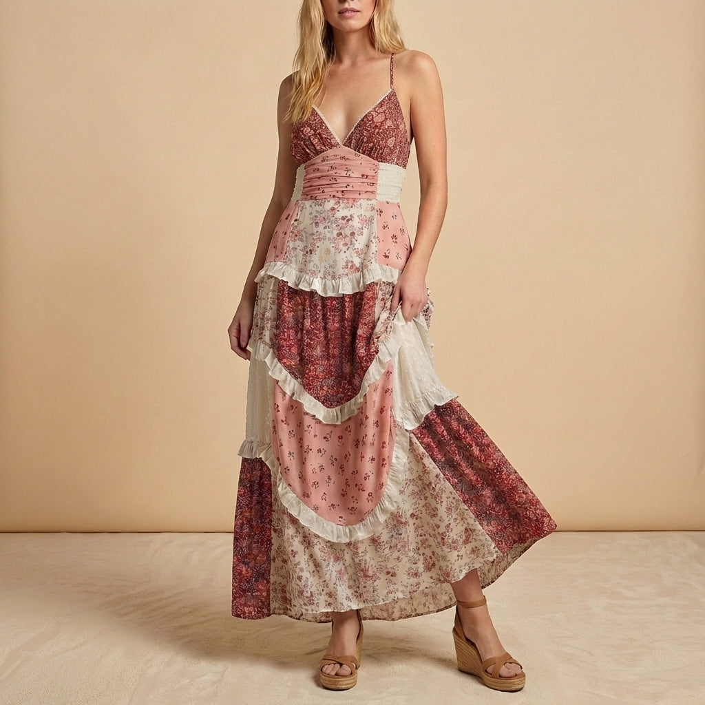 Bohemian Patchwork Tiered Maxi Dress with Ruched Empire Waist