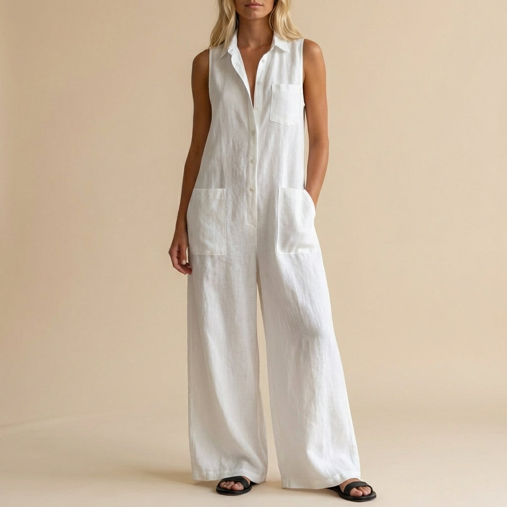 Sleeveless Wide-Leg Jumpsuit with Button Front and Pockets
