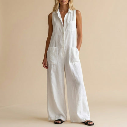 Sleeveless Wide-Leg Jumpsuit with Button Front and Pockets