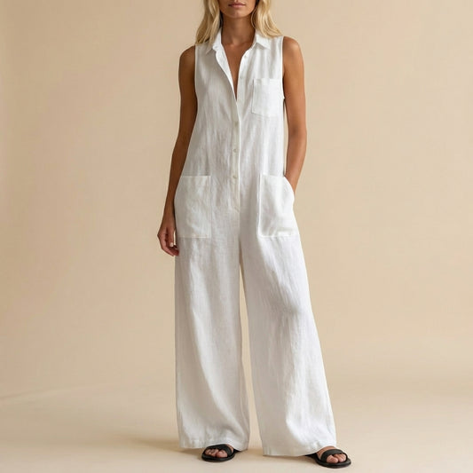 Sleeveless Wide-Leg Jumpsuit with Button Front and Pockets