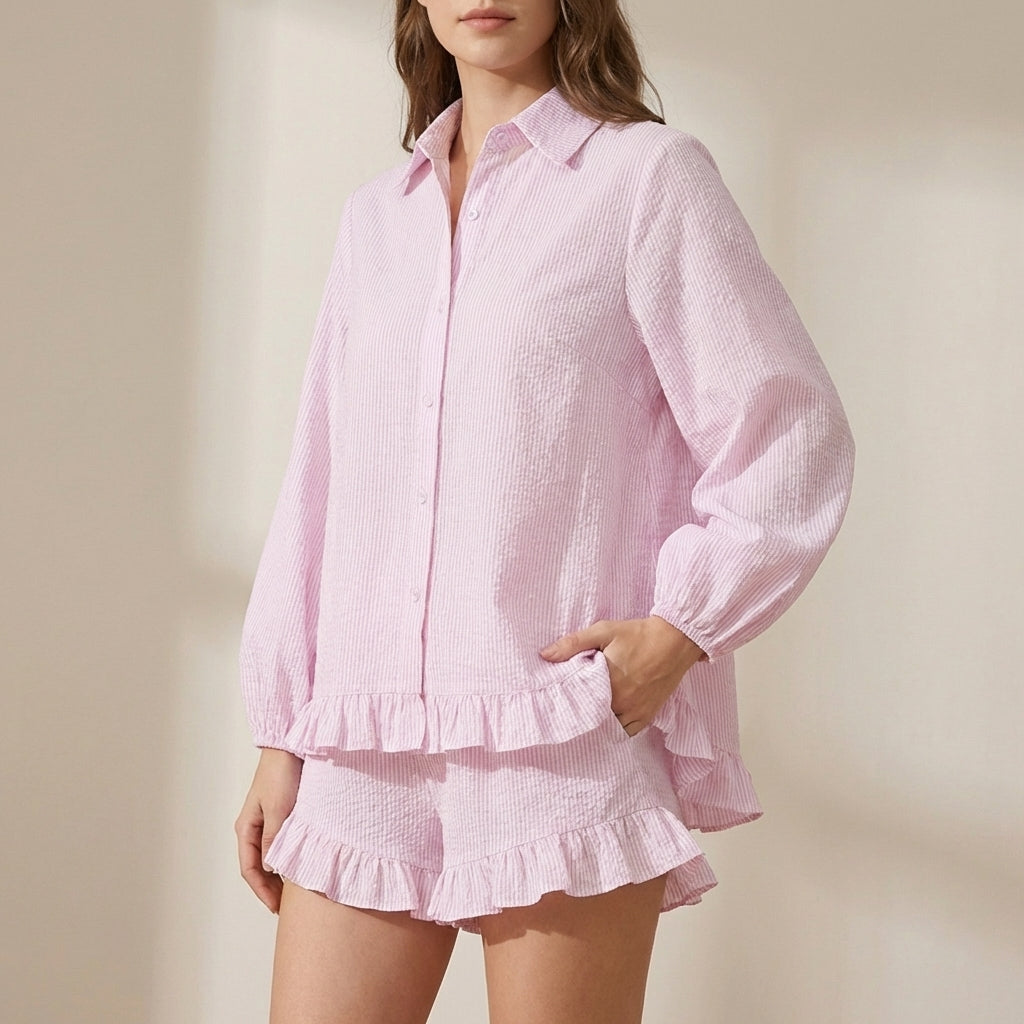 Oversized Striped Two-Piece Set with Dramatic Bubble Sleeves and Ruffled Hem