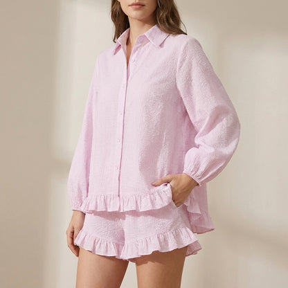 Oversized Striped Two-Piece Set with Dramatic Bubble Sleeves and Ruffled Hem