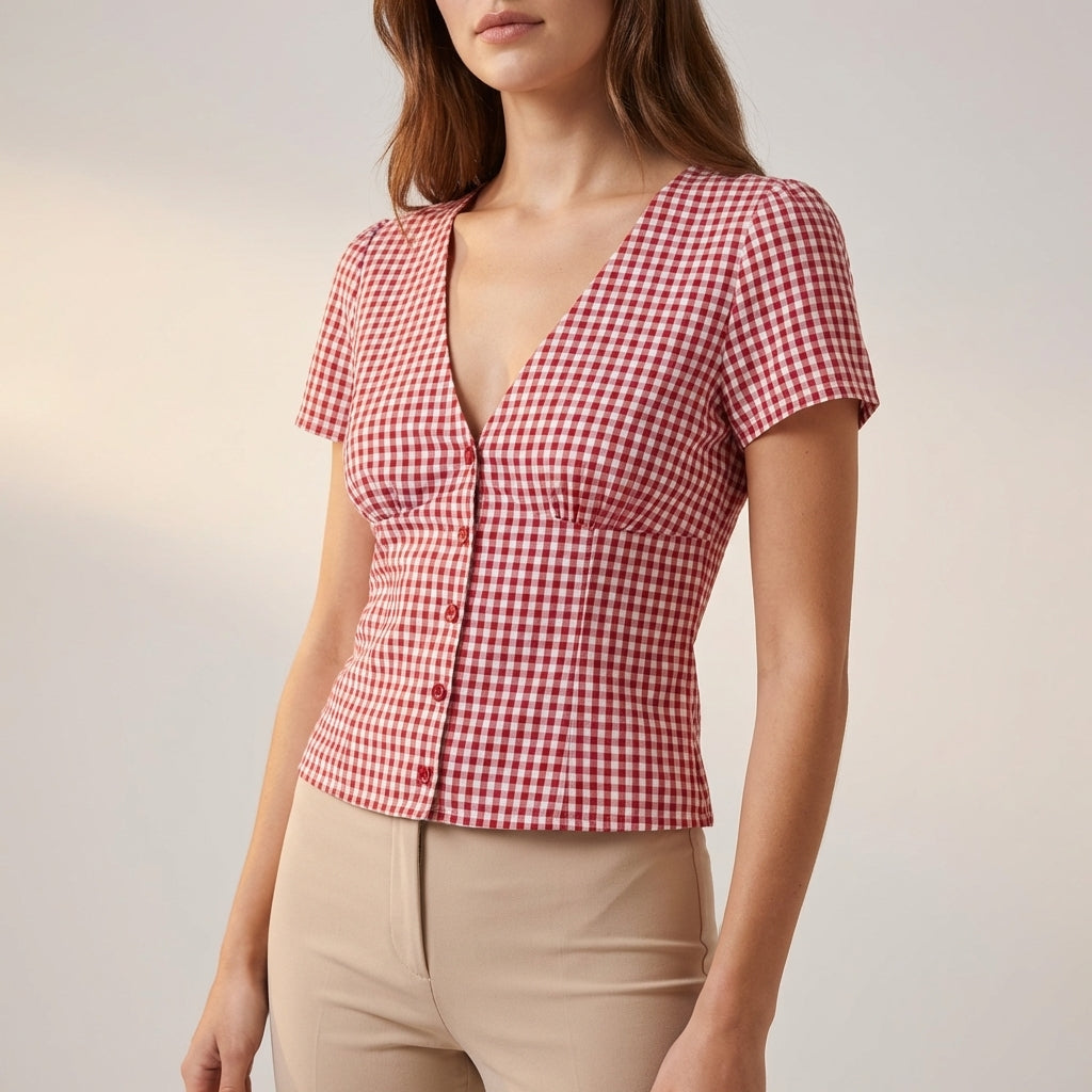 Fitted Cropped V-Neck Blouse with Puff Sleeves and Gingham Pattern