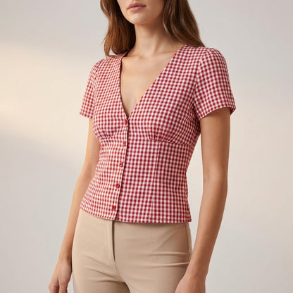 Fitted Cropped V-Neck Blouse with Puff Sleeves and Gingham Pattern