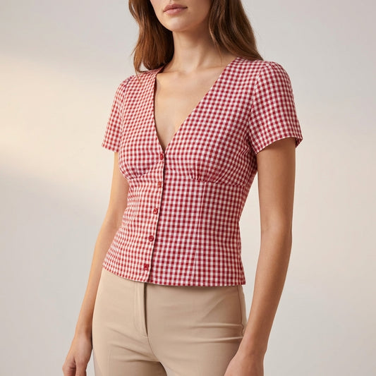 Fitted Cropped V-Neck Blouse with Puff Sleeves and Gingham Pattern