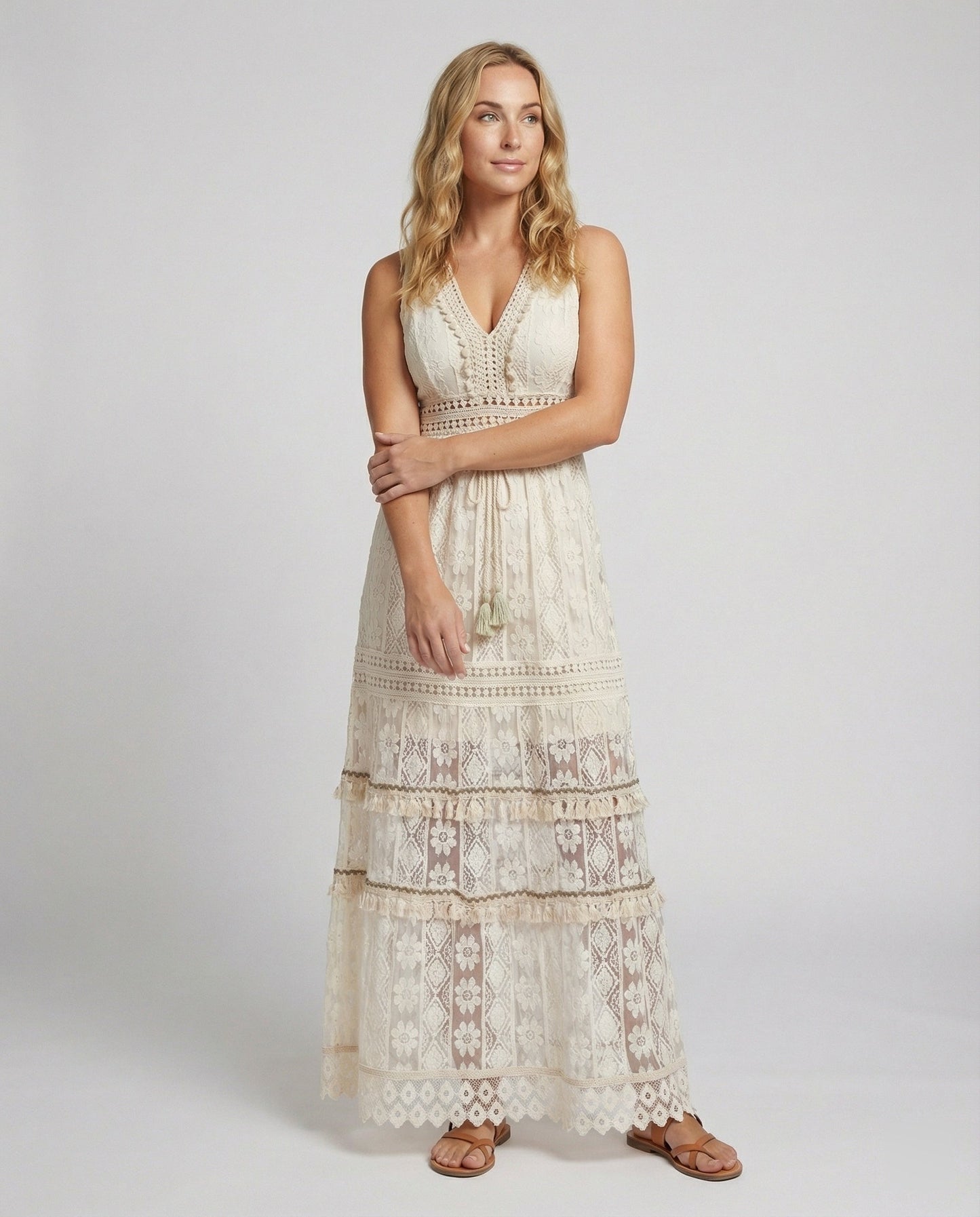 Bohemian Lace Maxi Dress with Tiered Skirt and Tassel Waist