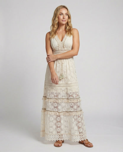 Bohemian Lace Maxi Dress with Tiered Skirt and Tassel Waist