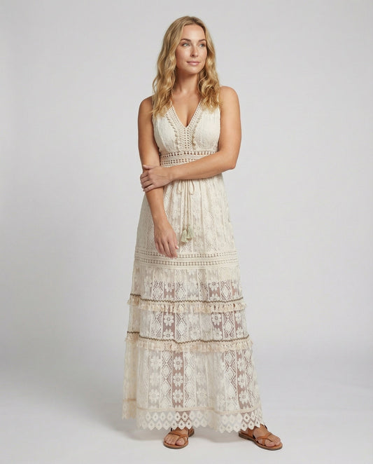 Bohemian Lace Maxi Dress with Tiered Skirt and Tassel Waist