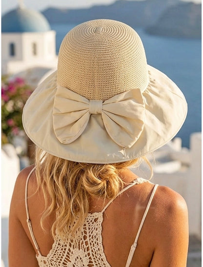 Foldable Wide Brim Sun Hat with Textured Crown and Elegant Bow Accent